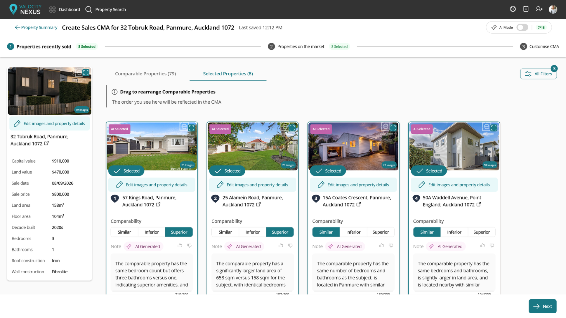 Nexus AI selected recently sold comparable properties