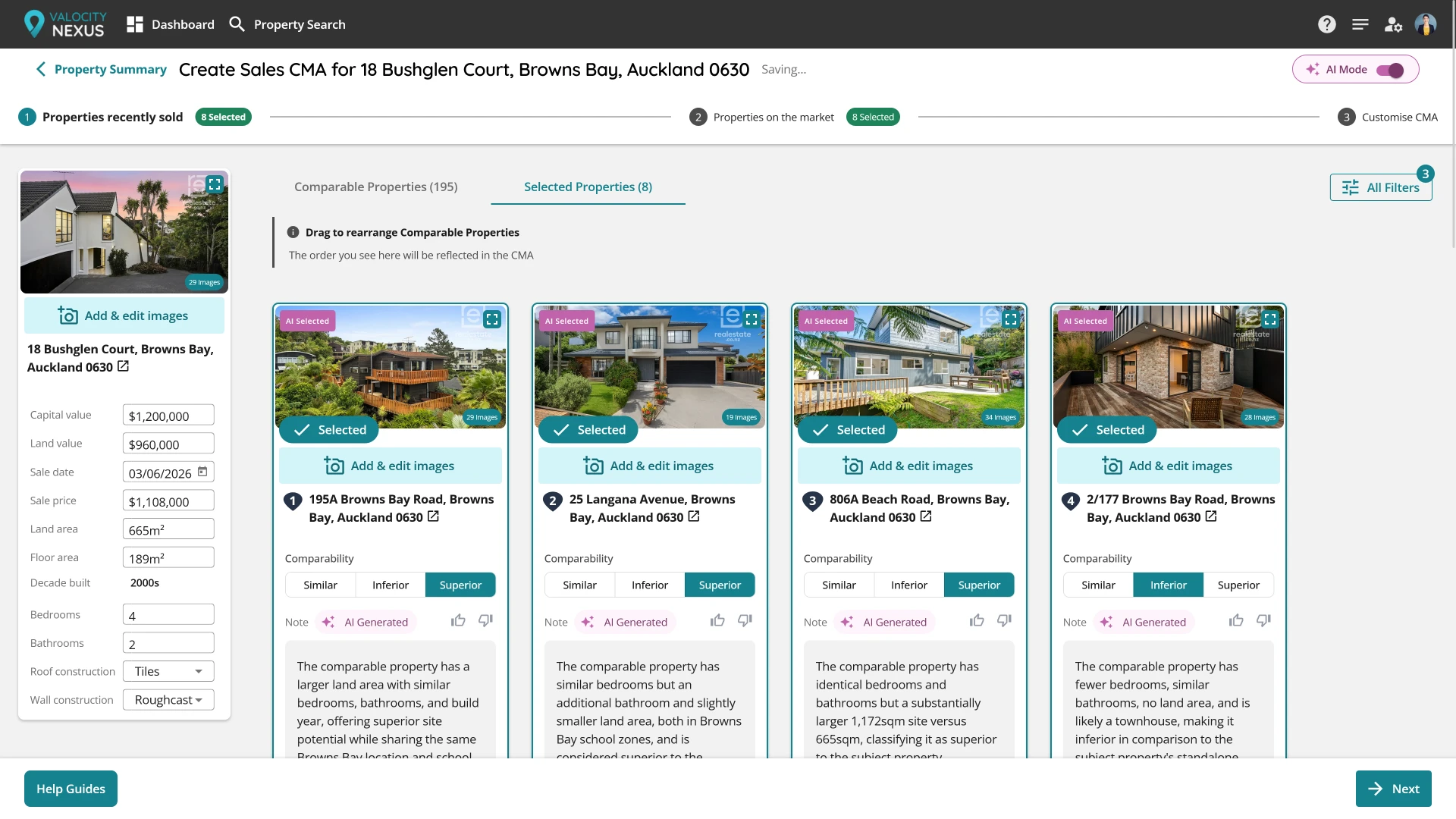 Nexus AI selecting comparable properties