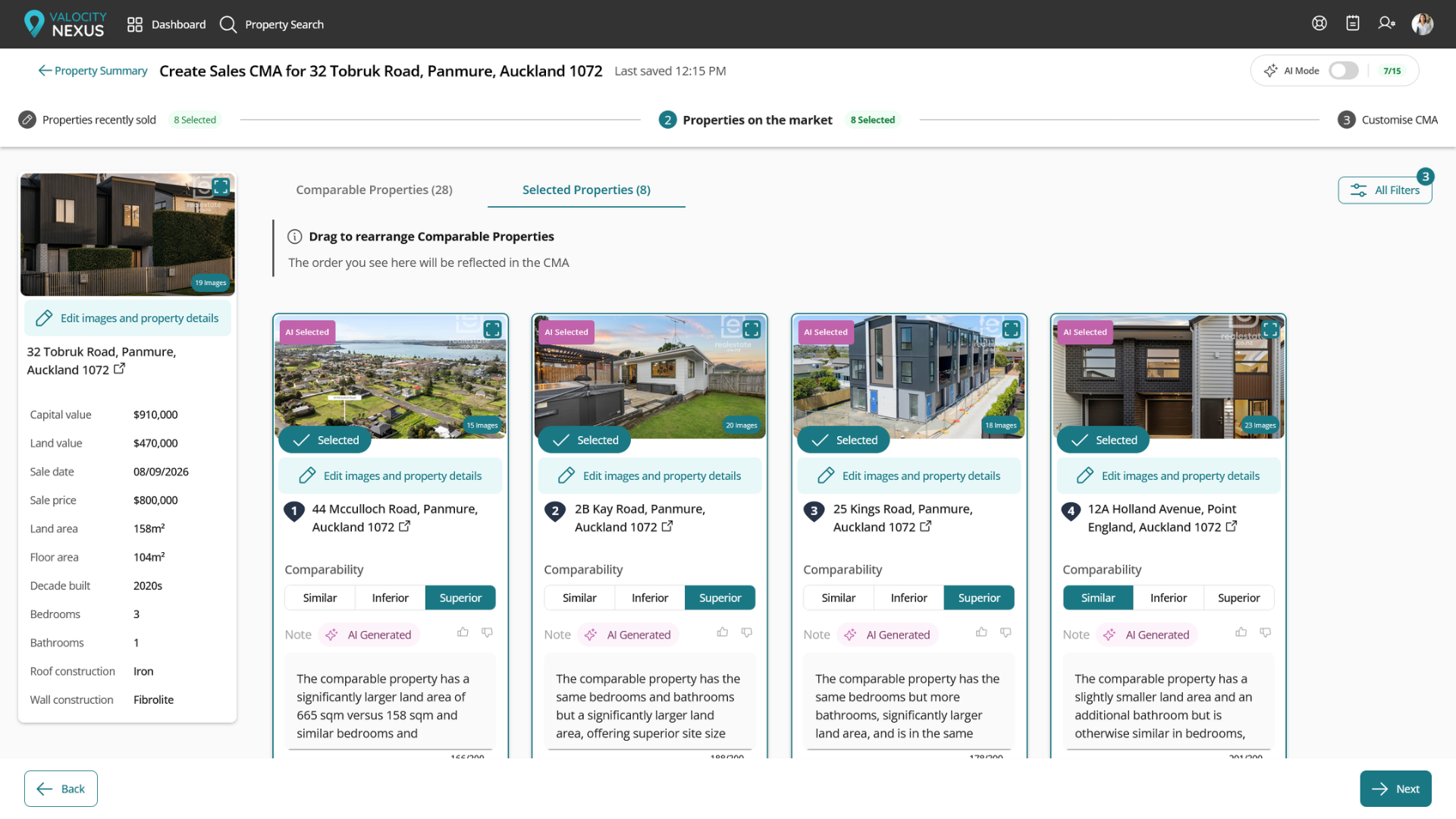 Nexus AI selected properties on the market