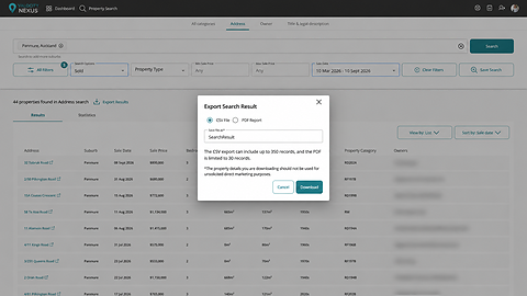 Nexus export search result dialog offering CSV file or PDF report download