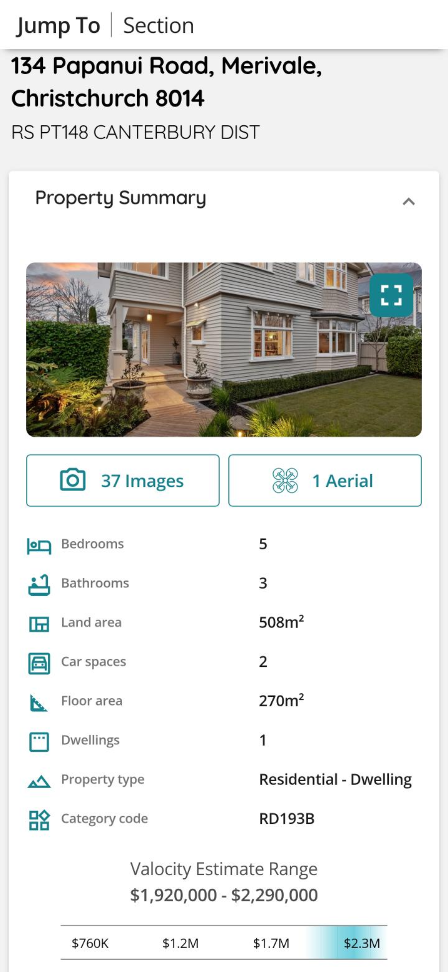 Valocity Nexus property summary on mobile
